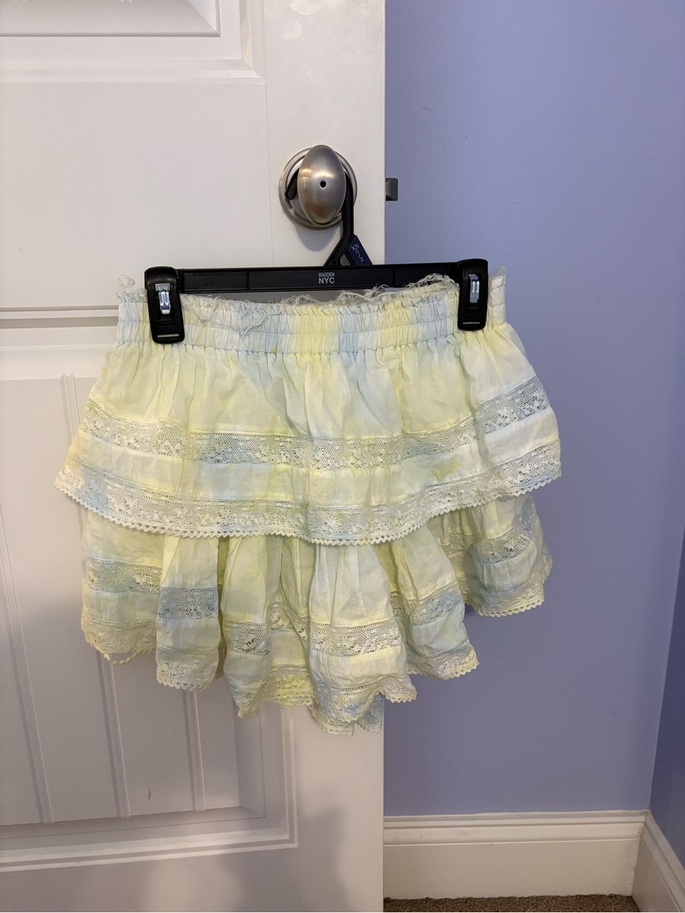 LoveShackFancy Pale Yellow Tiered Lace Mini Skirt